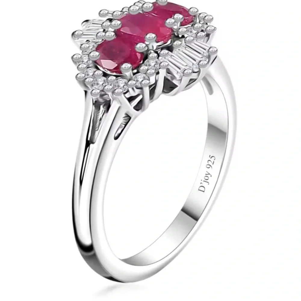 Montepuez Ruby and Moissanite Art Deco Ring in Rhodium Over Sterling Silver